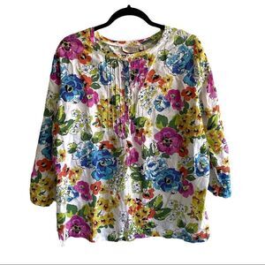 ORCHADIA CASUALS Vintage Linen Floral Print Blouse White M